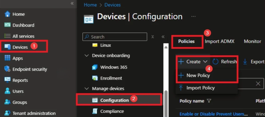 Creating a new configuration policy in Intune